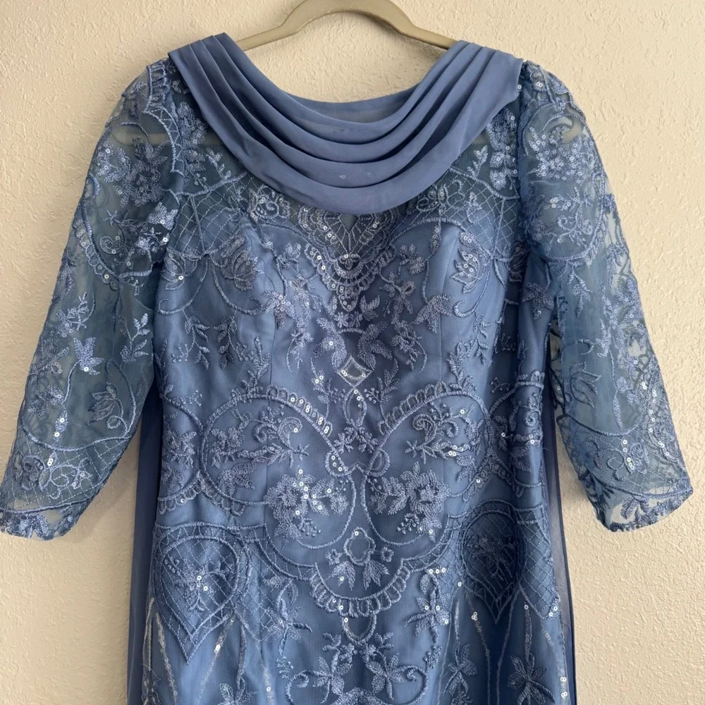 NWT JJ's House Jostelle Slate Blue Sequin Sheath Dress Cowl Neck Back Sash 12